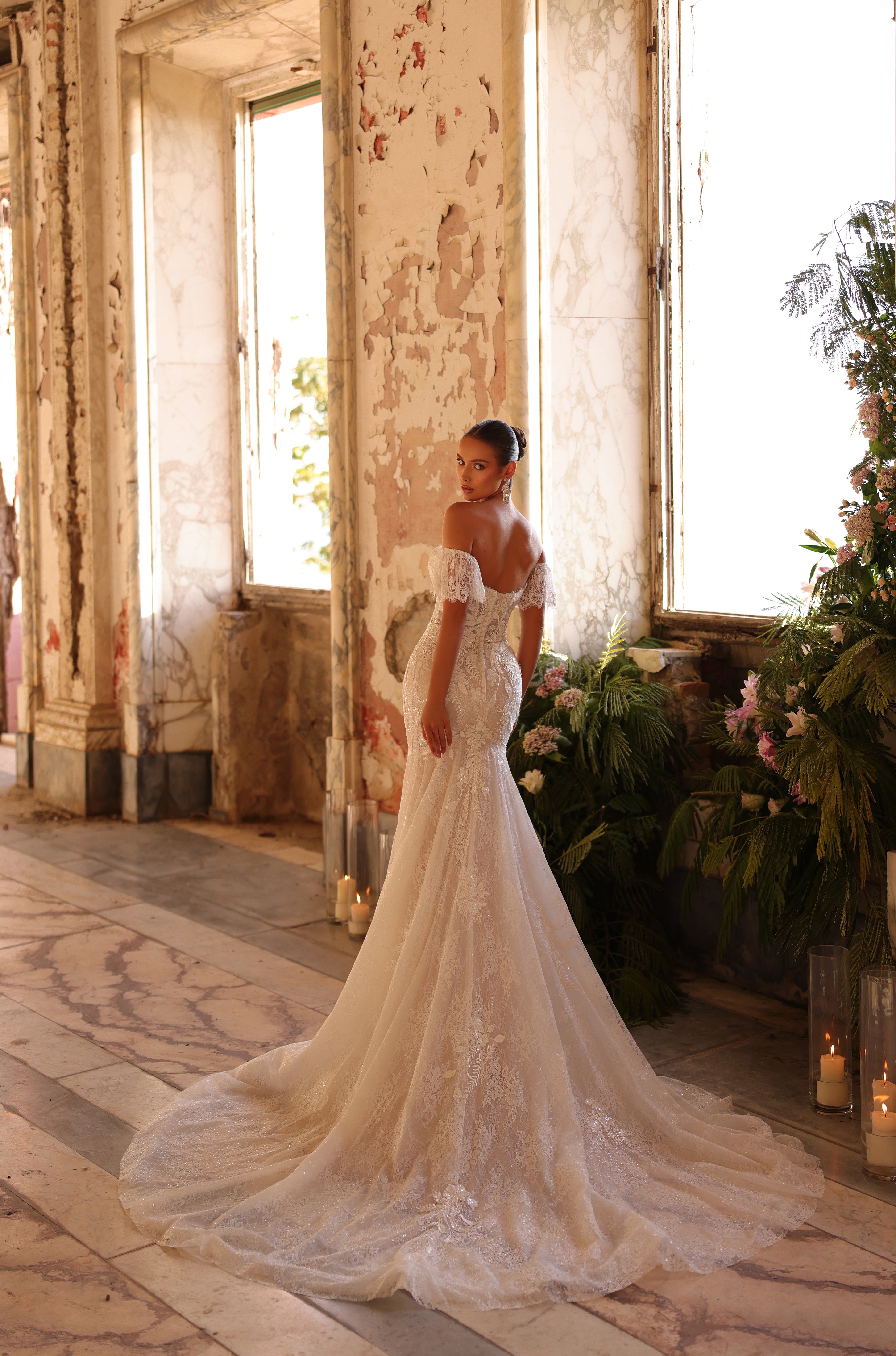 Wedding Dresses Long Corset Fitted Floral Applique Wedding Dress Amarra 89103 Ivory/Nude