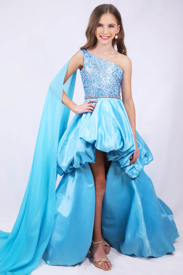 One-Shoulder High-Low Satin Prom Ball Gown Ava Presley 27727