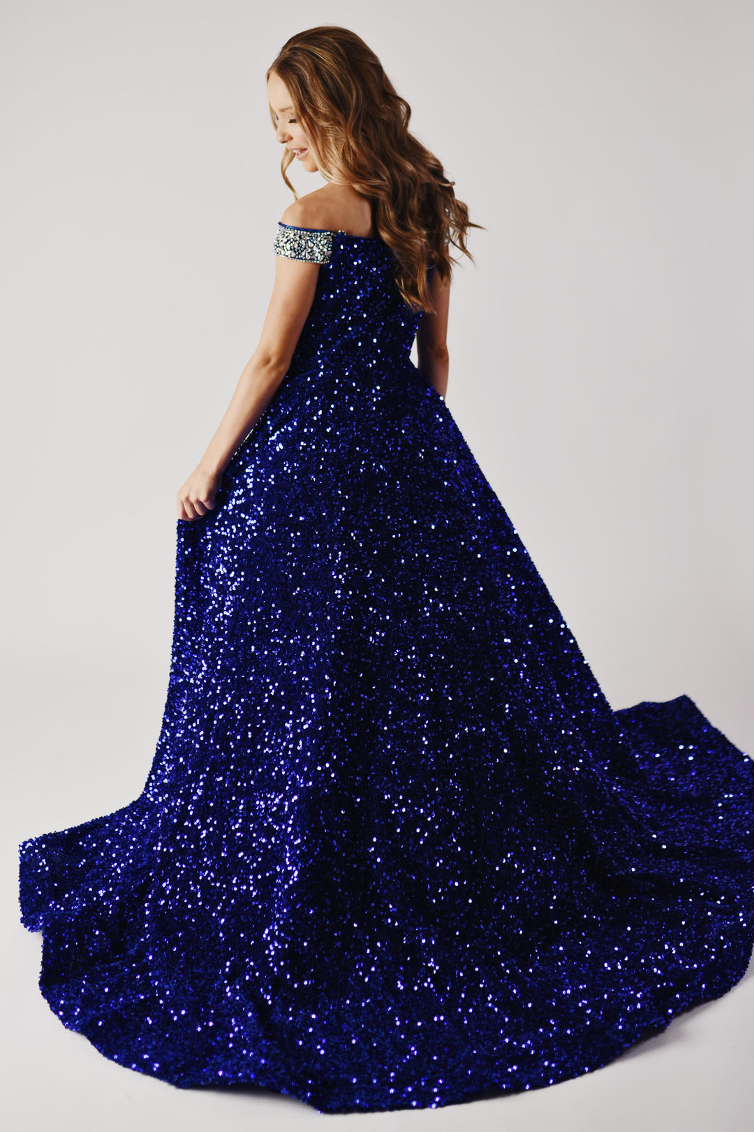 Off-the-Shoulder Floor-Length Sequin Prom Ball Gown Ava Presley 27733