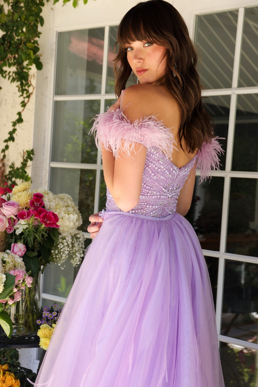 Prom Dresses Long Beaded Lace Formal Feather Prom Dress Lilac