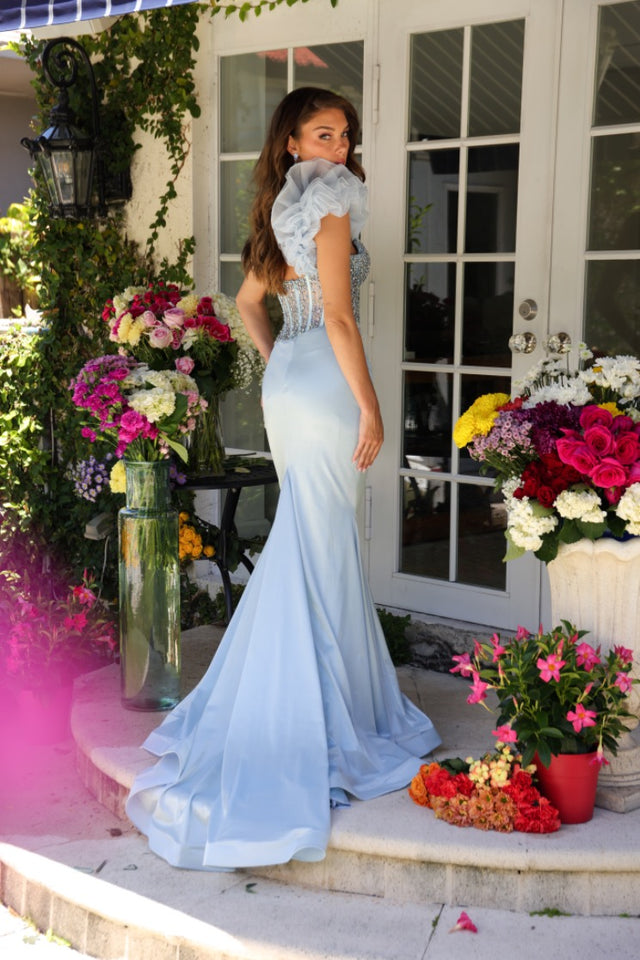Prom Dresses Metallic Long Formal Beaded Corset Prom Dress Light Blue