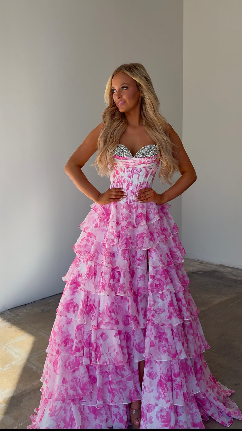 Prom Dresses Long Ball Gown Formal Floral Print Prom Dress White/Pink