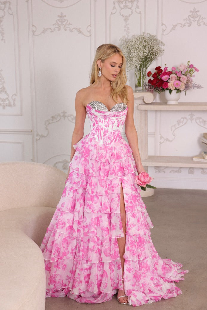 Prom Dresses Long Ball Gown Formal Floral Print Prom Dress White/Pink