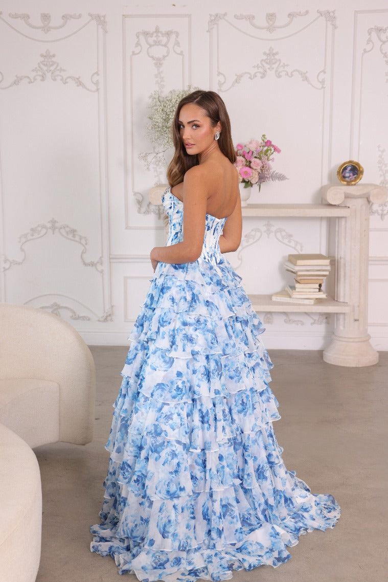 Prom Dresses Long Ball Gown Formal Floral Print Prom Dress White/Light Blue