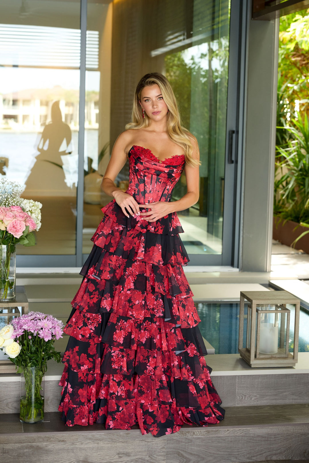 Prom Dresses Tiered Long Floral Print Formal Corset Prom Dress Black/Red