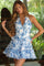 Homecoming Dresses Short Cocktail Floral Ruffle Mini Dress White/Blue