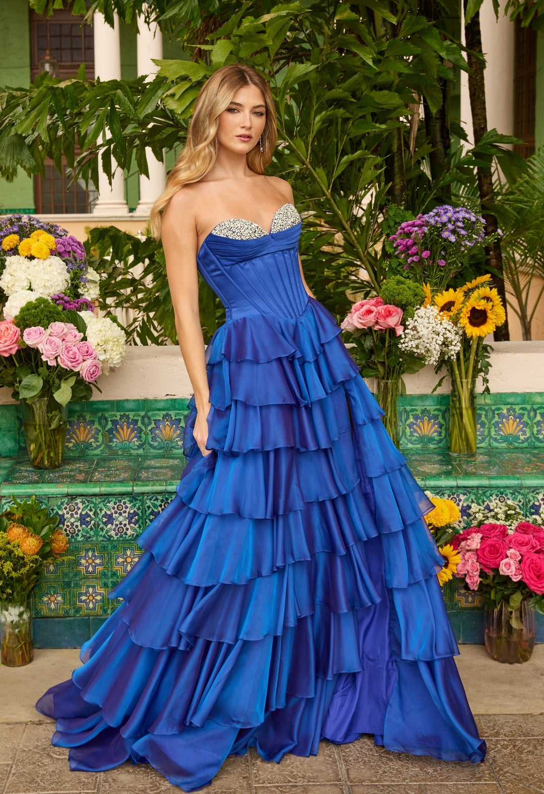 Prom Dresses Long Beaded Ball Gown Slit Prom Dress Royal