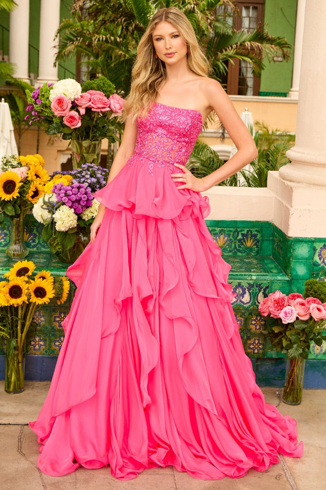 Prom Dresses Prom Long Ball Gown Ruffle Formal Dress Hot Pink