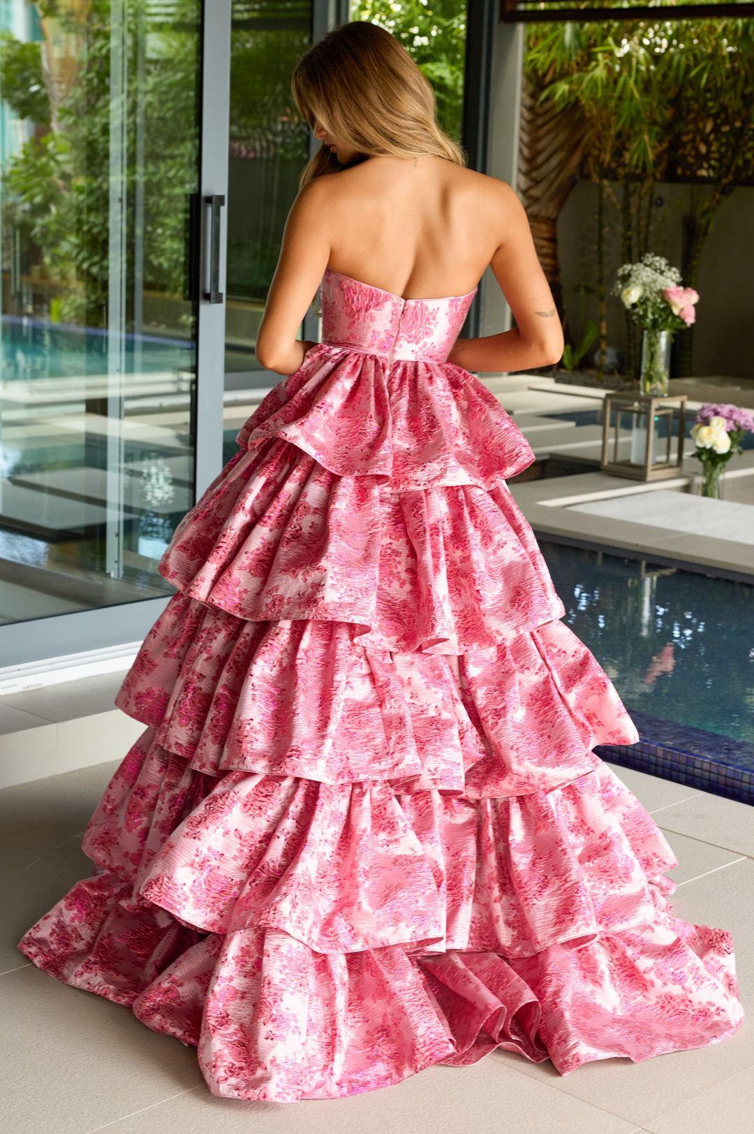 Prom Dresses Long Ball Gown Floral Print Ruffle Prom Dress Hot Pink