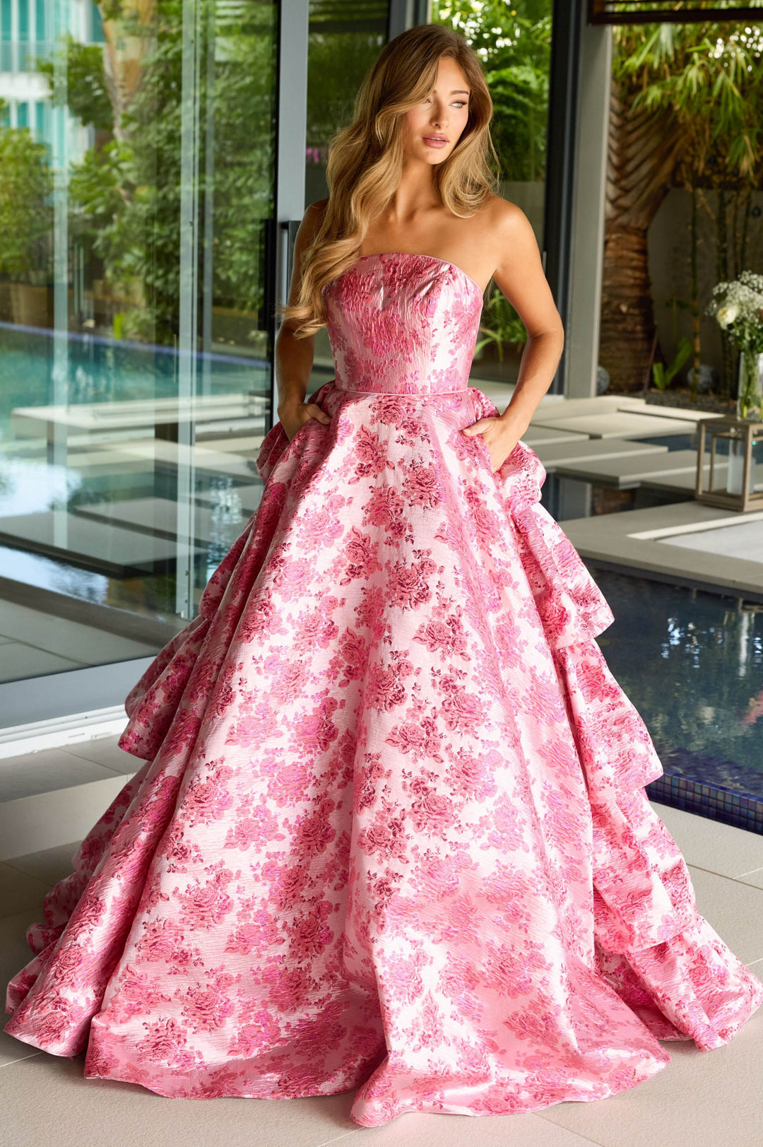 Prom Dresses Long Ball Gown Floral Print Ruffle Prom Dress Hot Pink