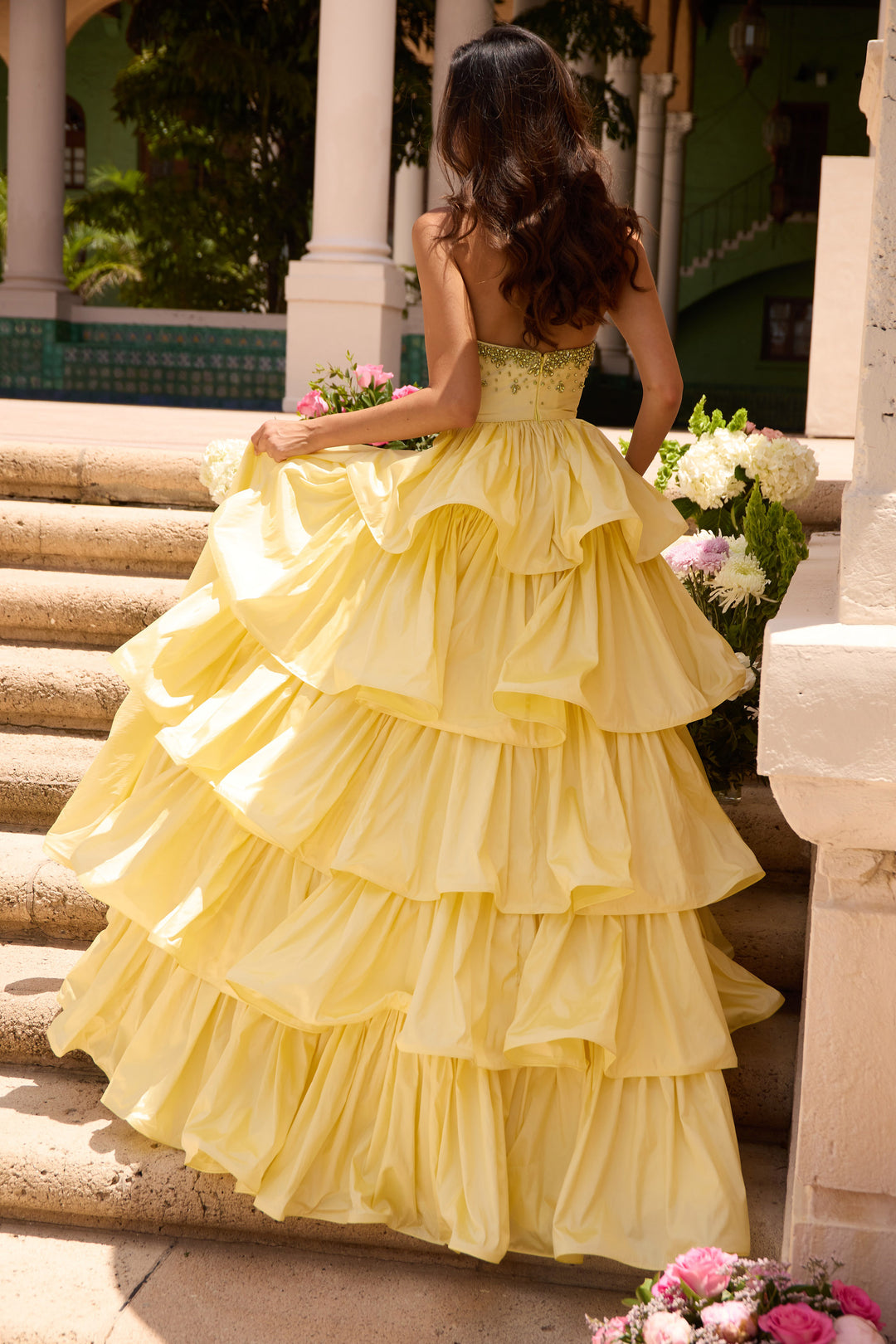 Prom Dresses Beaded Long Ball Gown Ruffle Prom Dress Soft Yellow