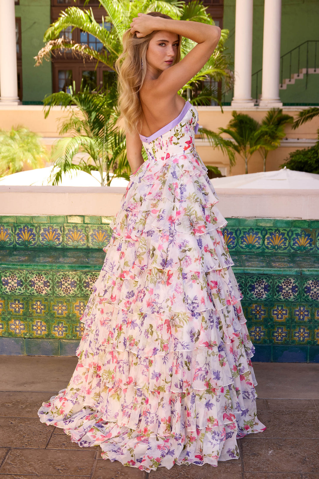 Prom Dresses Long Ball Gown Floral Print Formal Prom Dress White/Multi