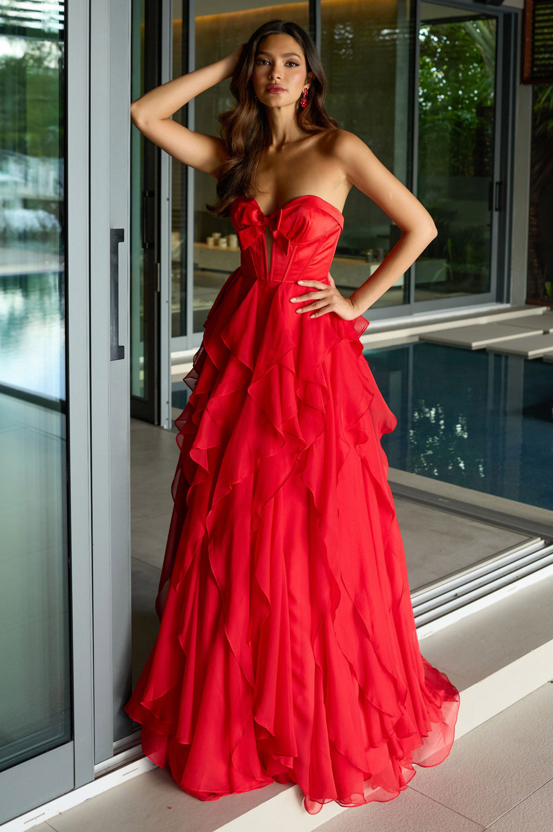 red ruffle corset dress Orange A Line Strapless Chiffon Beaded Corset Long Prom Dress With Slit, Red / 18