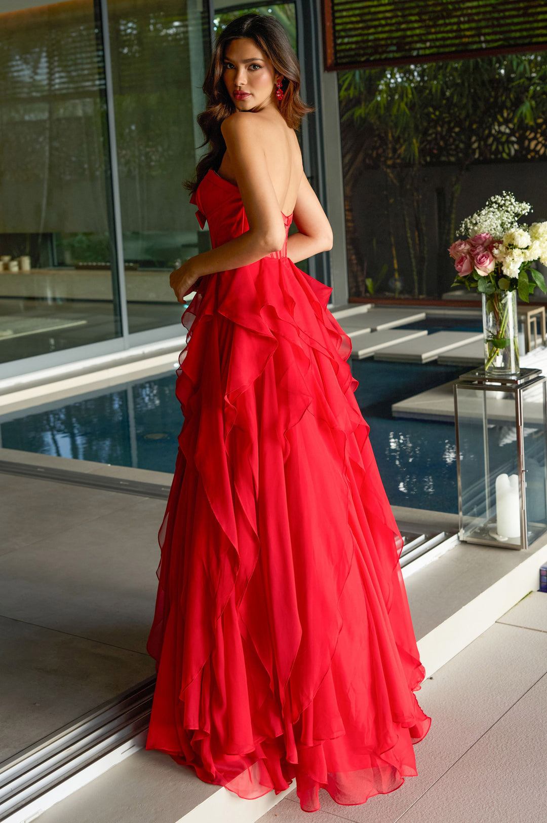 Prom Dresses Formal Long Ruffle Corset A Line Prom Dress Red
