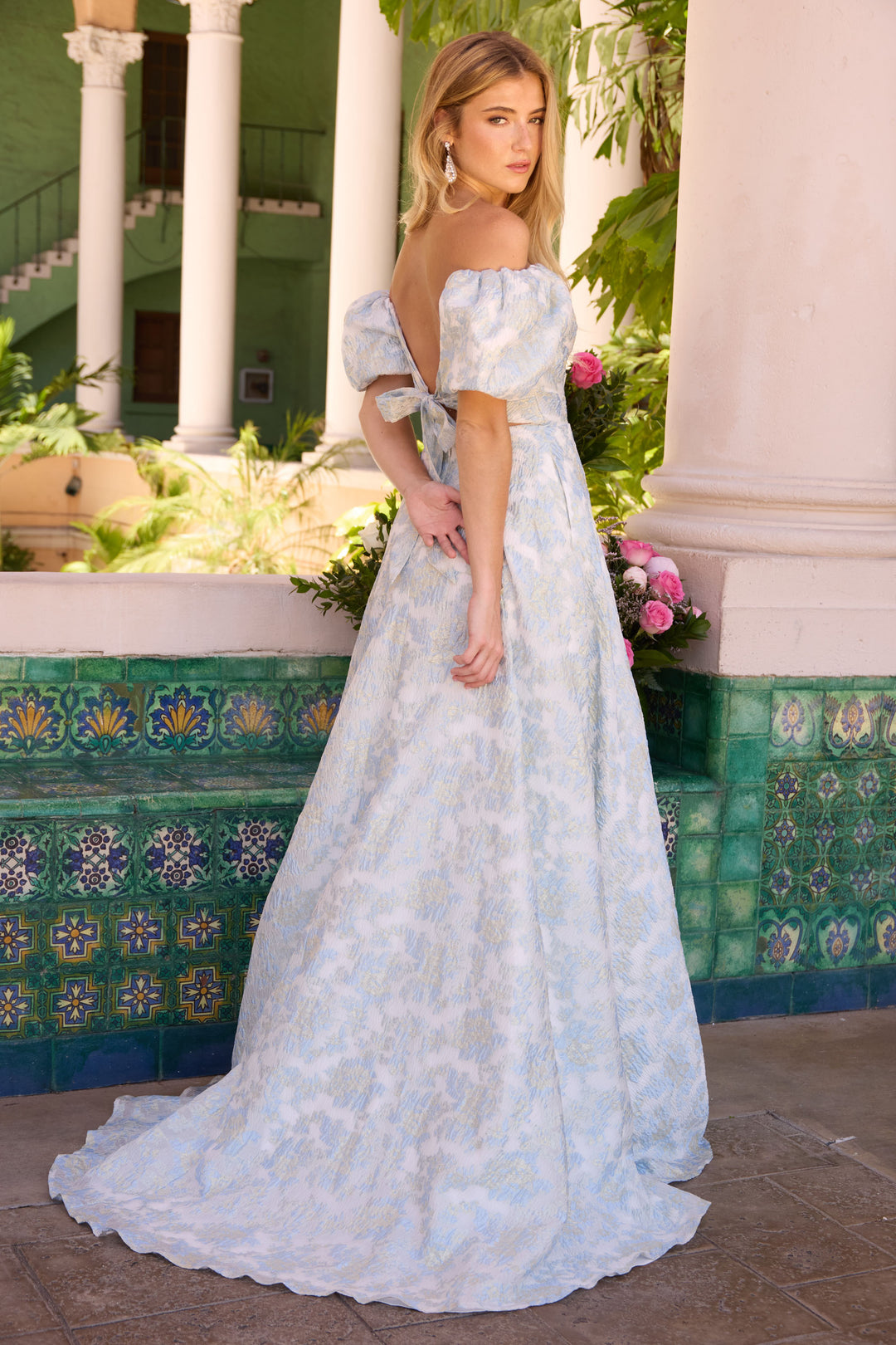 Prom Dresses Long Formal Print Ball Gown A Line Prom Dress White/Light Blue