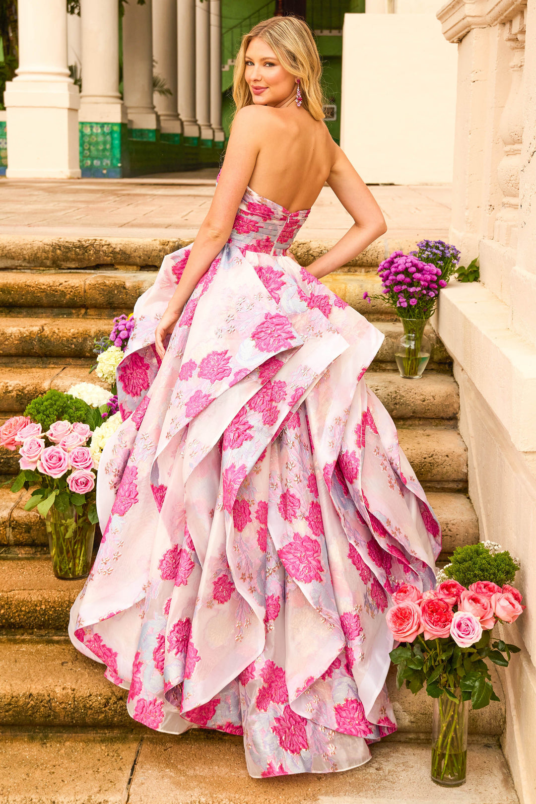 Prom Dresses Long Formal Ball Gown Ruffle Print Floral Prom Dress White/Hot Pink