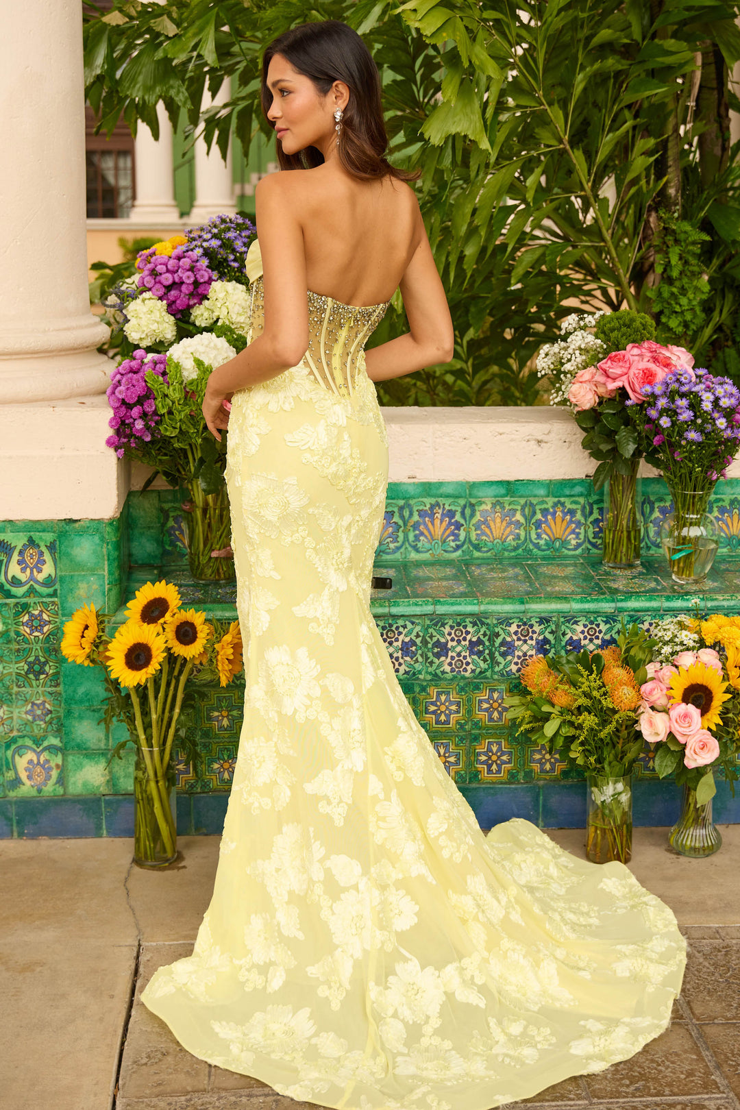 Prom Dresses Fitted Beaded Corset Floral Long Formal Prom Dress Yellow