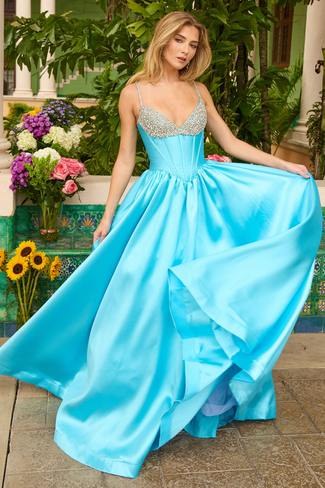 Prom Dresses Beaded Fitted Long Formal Corset Ball Gown Prom Dress Turquoise