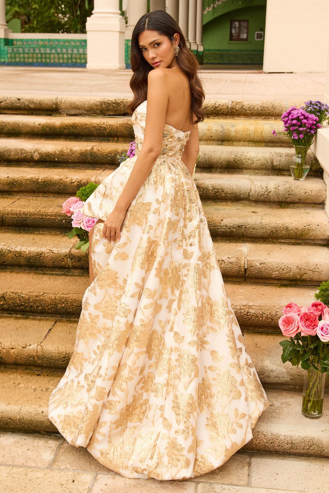 Prom Dresses High Low Floral Print Evening Prom Dress White/Gold