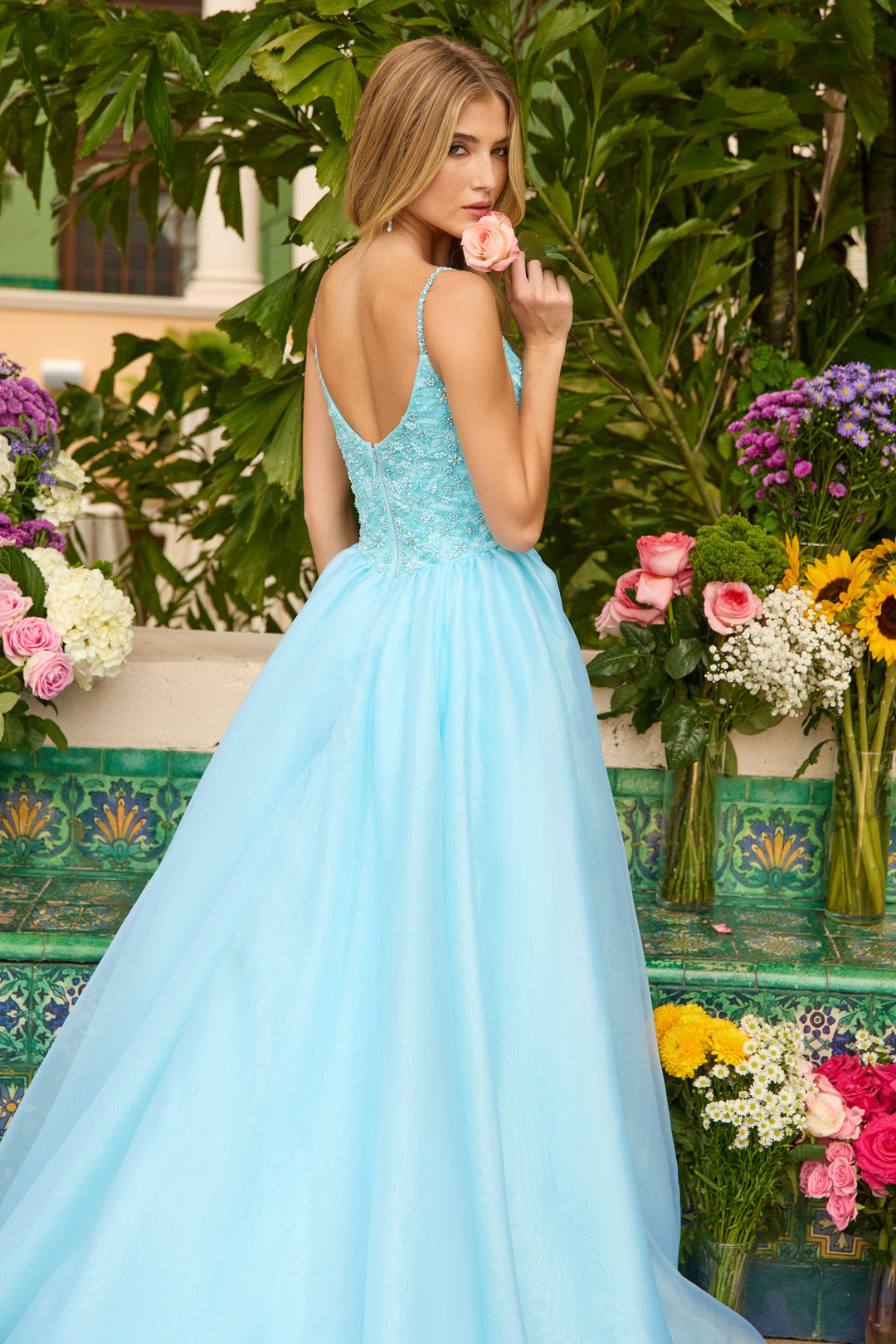 Prom Dresses Beaded Long Formal Lace Applique Ball Gown Prom Dress Light Blue