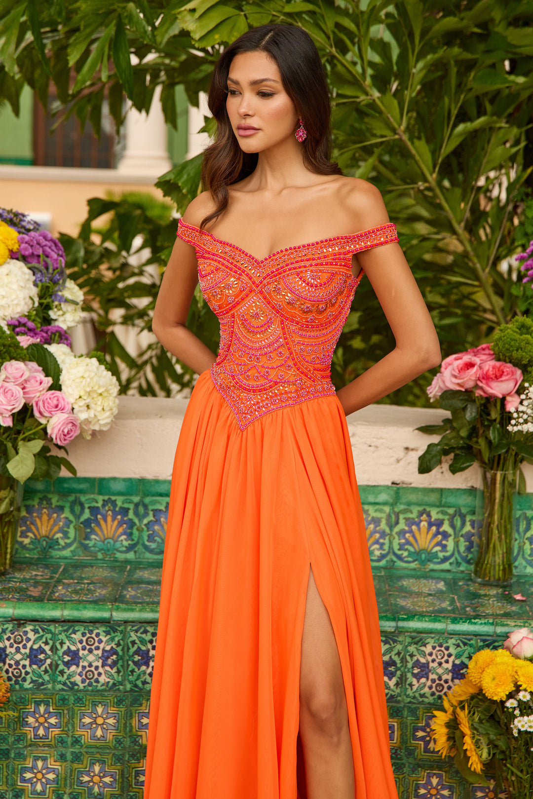 Prom Dresses Long Formal Beaded Ball Gown A Line Prom Dress Orange/Pink