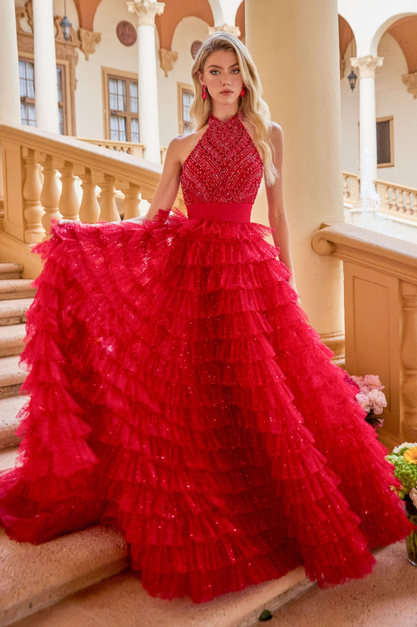 Long Formal Ball Gown Ruffle Beaded Prom Dress Ava Presley 47258