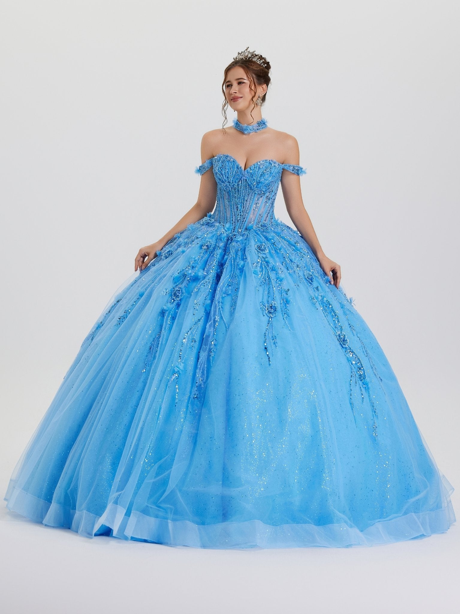 Quinceniera Dresses Long Glitter Beaded Quinceanera Dress Azure-Mesh-26416-Glitter