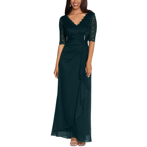 V-Neck Floor-Length Chiffon Formal A-Line Dress Lace Bodice and 3/4 Sleeves Betsy & Adam B251