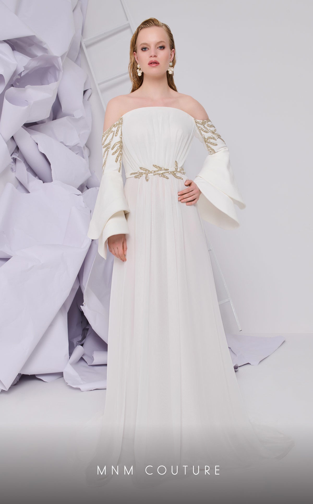 Off-the-Shoulder Floor-Length Chiffon Wedding Dress A-Line MNM Couture B1103