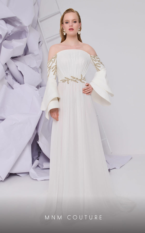 Off-the-Shoulder Floor-Length Chiffon Wedding Dress A-Line MNM Couture B1103