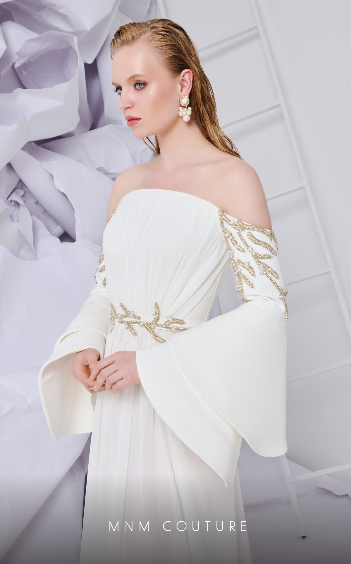 Off-the-Shoulder Floor-Length Chiffon Wedding Dress A-Line MNM Couture B1103