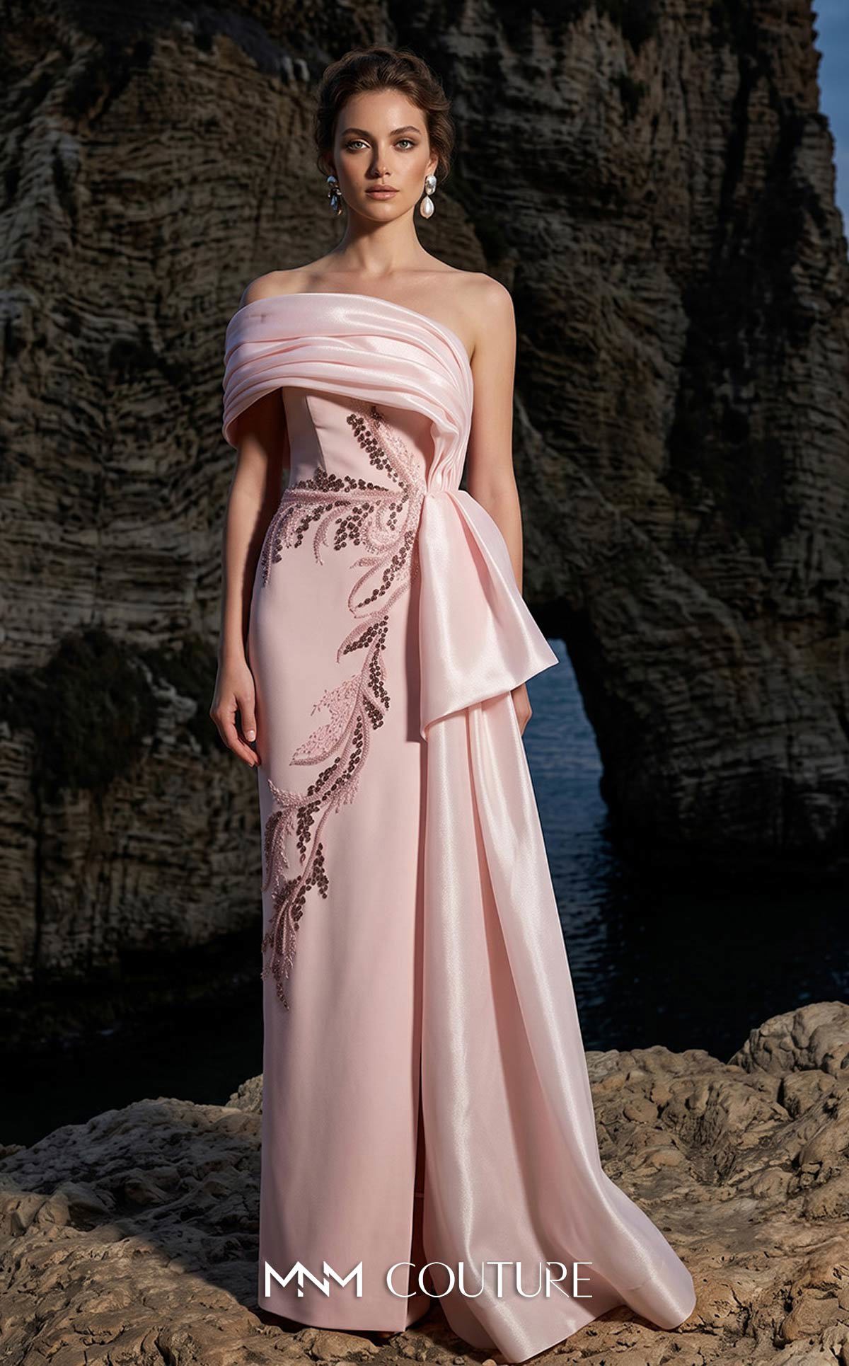 Strapless Curved Neck Floor-Length Satin Formal Sheath MNM Couture B1126