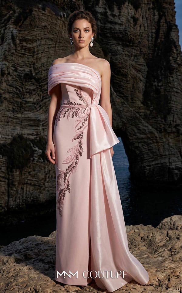 Strapless Curved Neck Floor-Length Satin Formal Sheath MNM Couture B1126