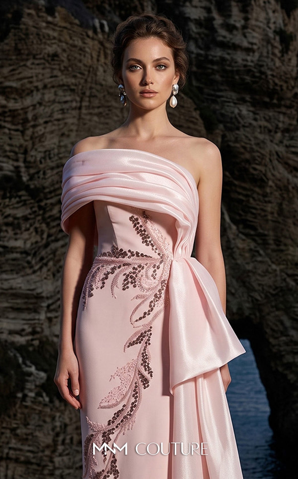 Strapless Curved Neck Floor-Length Satin Formal Sheath MNM Couture B1126