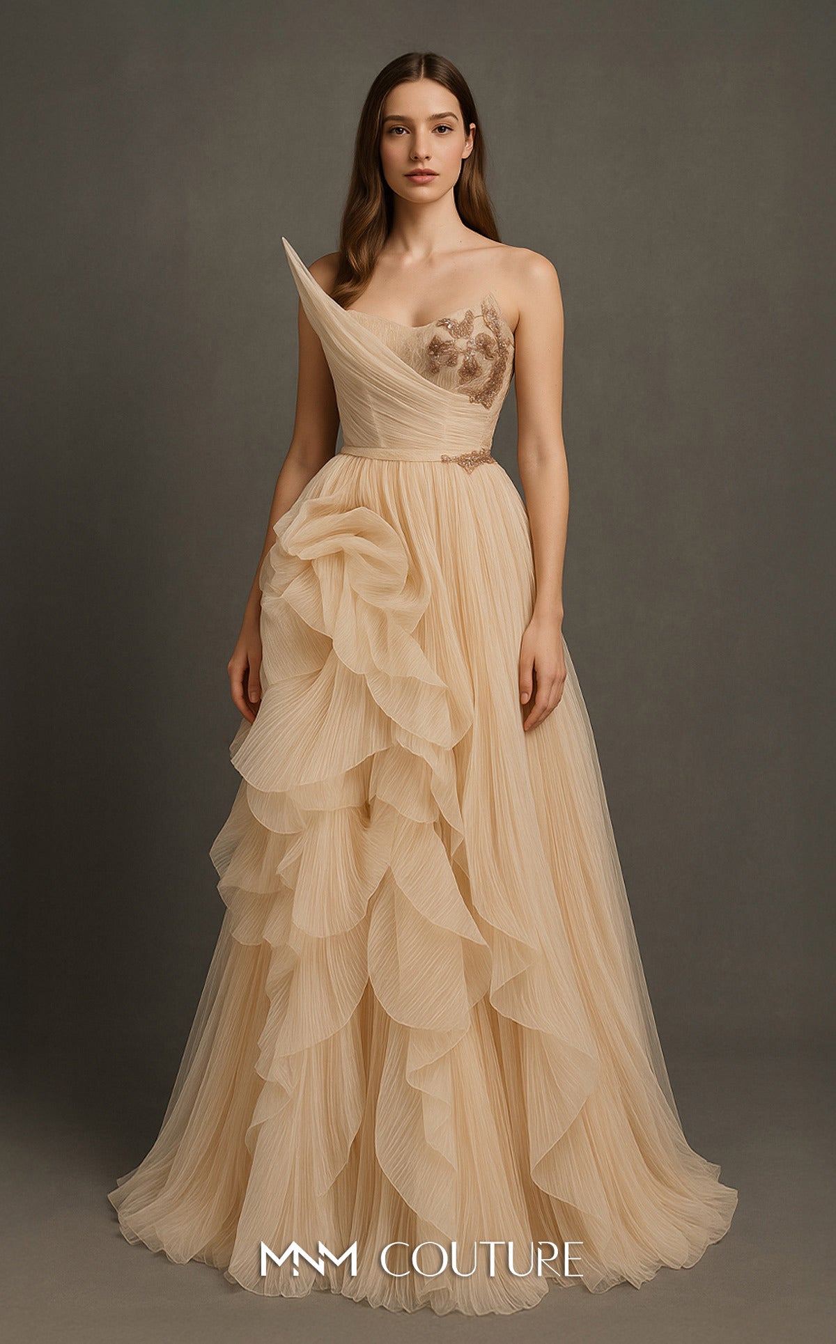 Prom Dresses Long Formal Pleated Beaded Ruffle A Line Prom Dress MNM Couture B1168 Beige