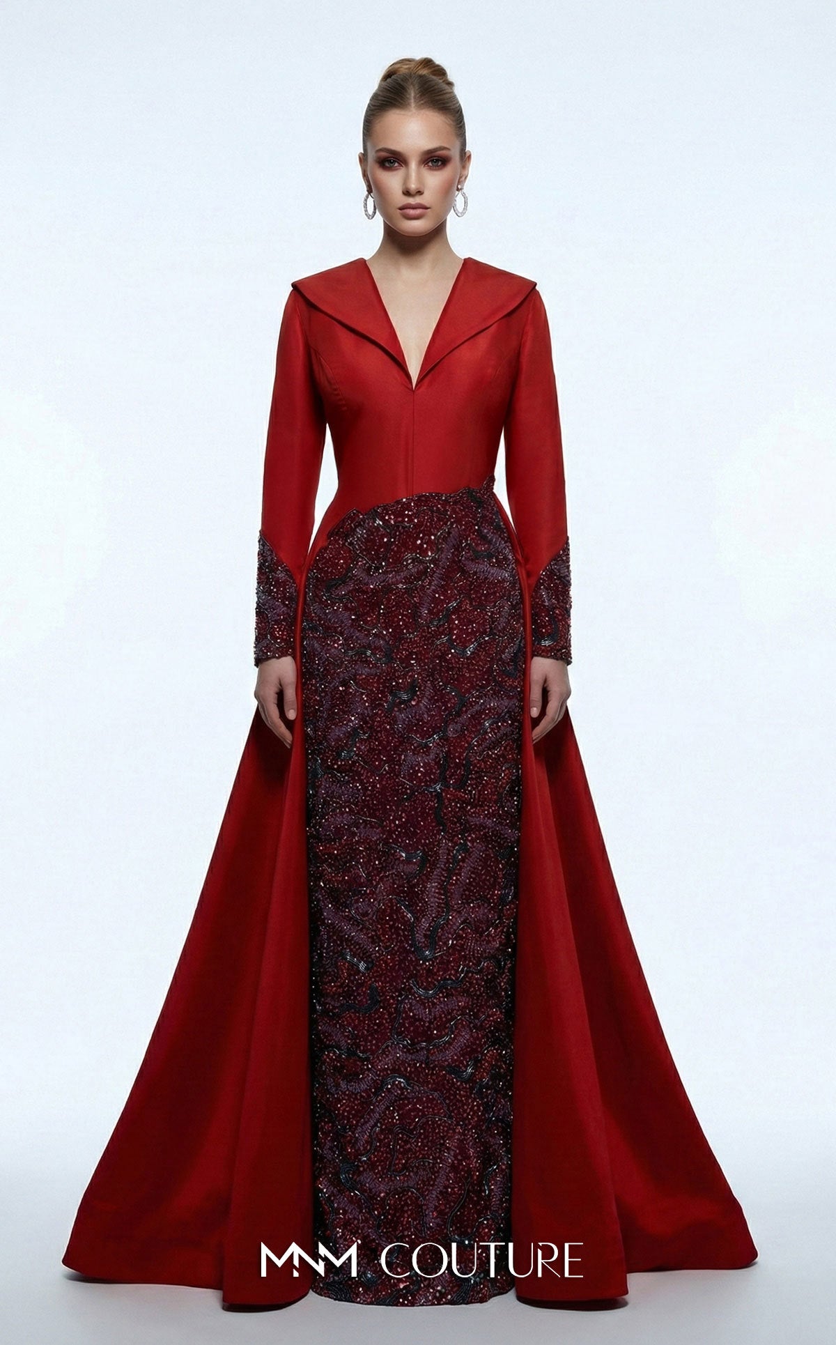 V-Neck Floor-Length with Train Satin Formal Sheath/Colu MNM Couture B1177