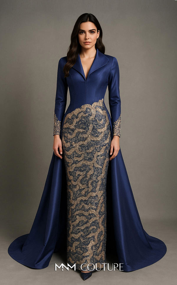 V-Neck Floor-Length with Train Satin Formal Sheath Column MNM Couture B1177