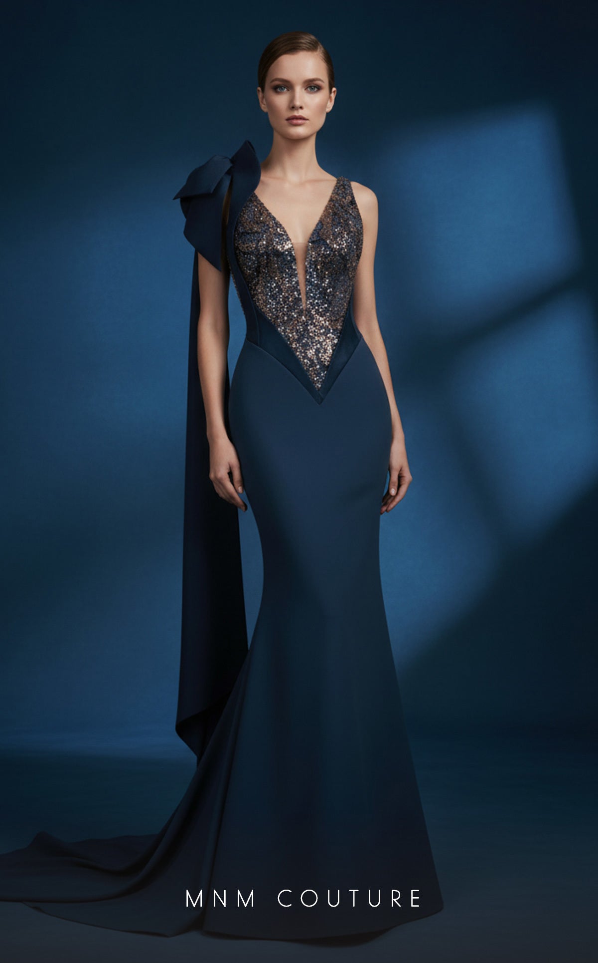 V-Neck Long Sequin Evening Gown by MNM Couture B1180 in Indigo