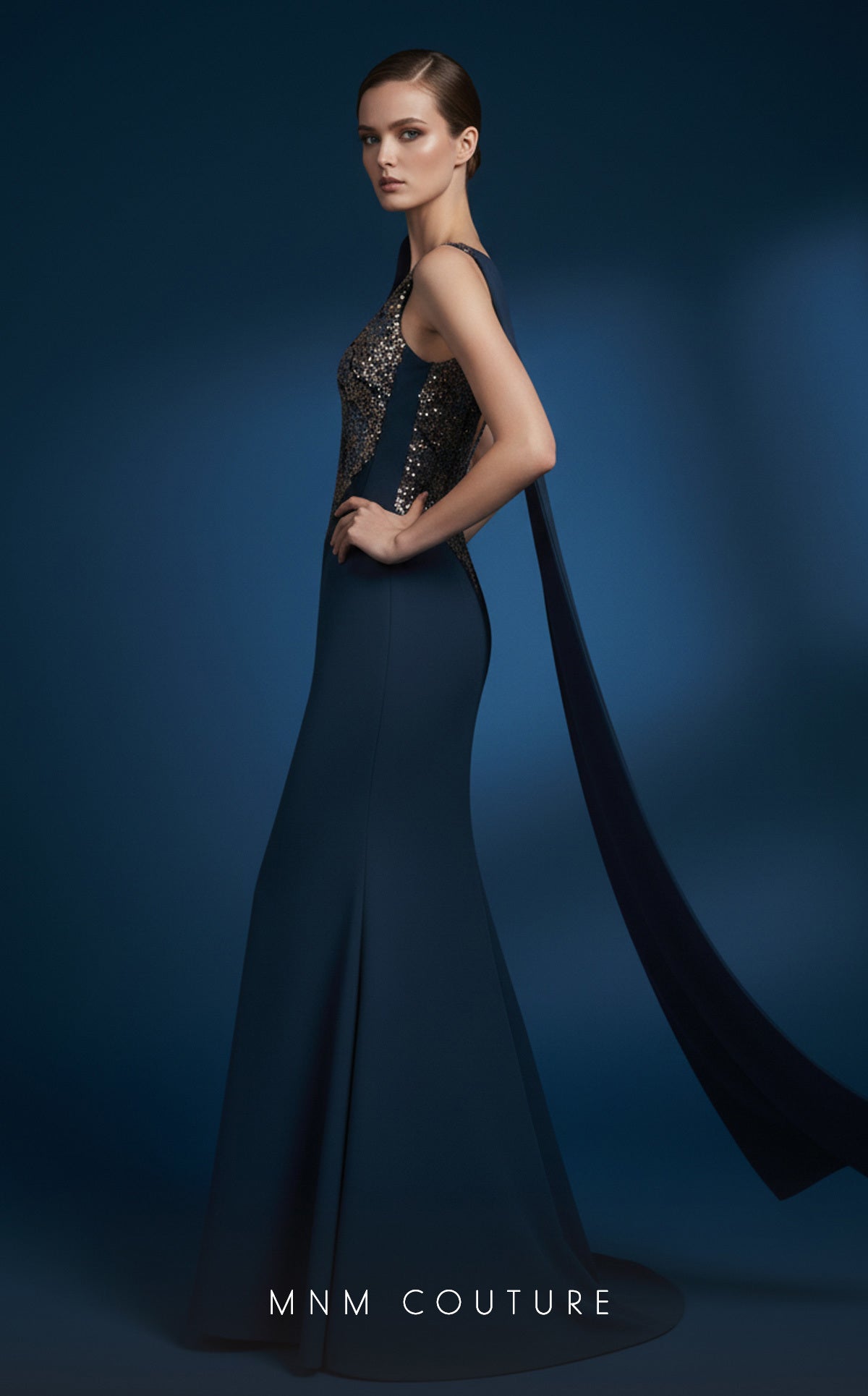 V-Neck Long Sequin Evening Gown by MNM Couture B1180 in Indigo