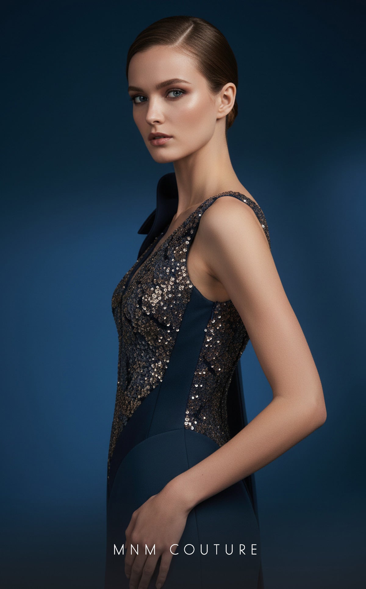 V-Neck Long Sequin Evening Gown by MNM Couture B1180 in Indigo