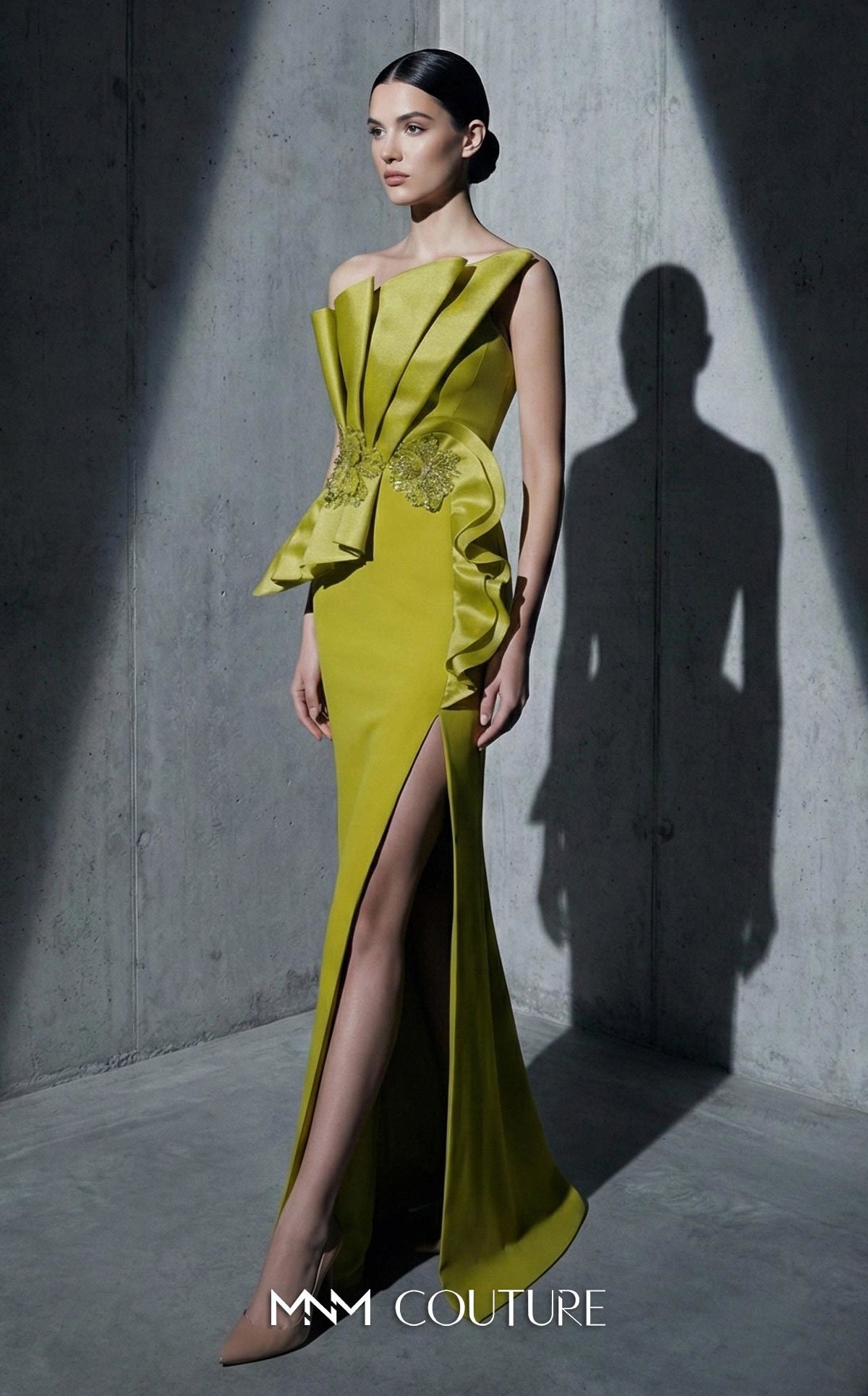 Prom Dresses Beaded Slit Fitted Long Formal Prom Dress MNM Couture B1188 Beige