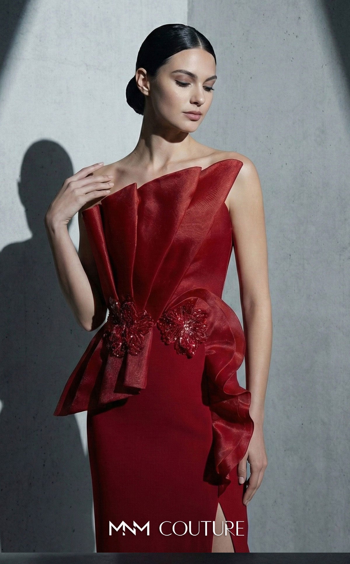 Prom Dresses Beaded Slit Fitted Long Formal Prom Dress MNM Couture B1188 Burgundy