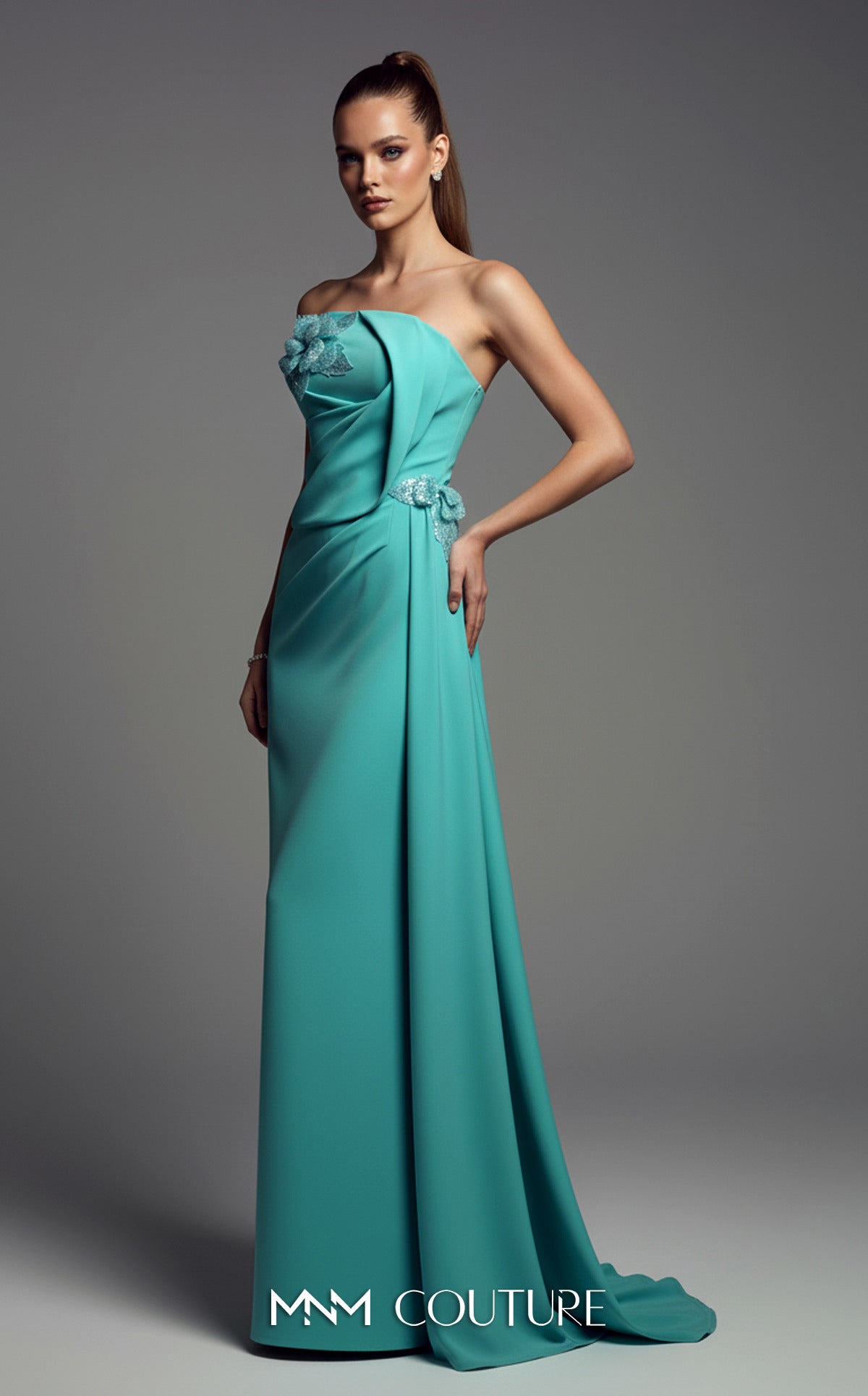 Strapless Floor-Length Satin Evening Gown by MNM Couture B1189 in Mint