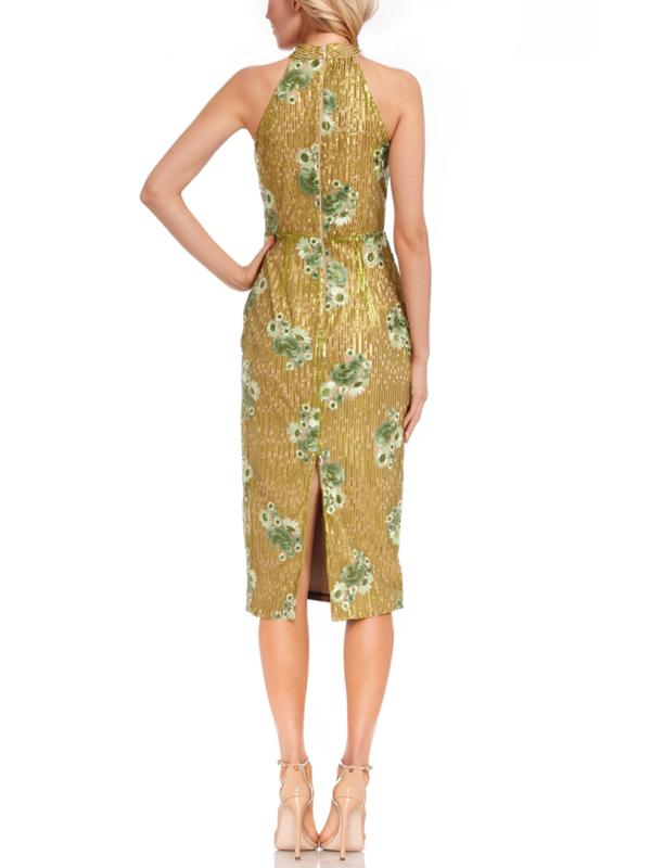 Citrus Halter Knee-Length Sequin Cocktail Embroidered Floral Dress Badgley Mischka J0113