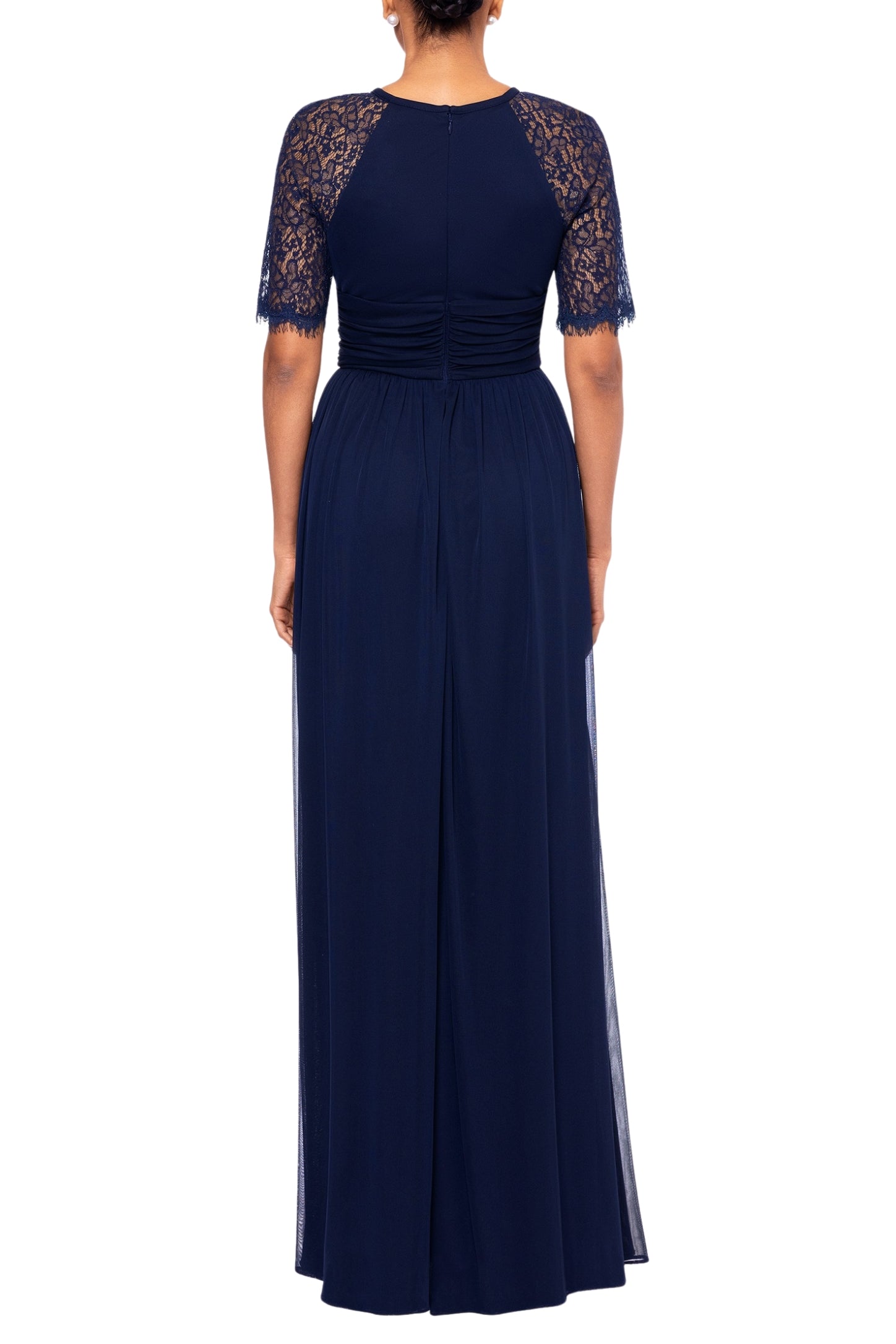 Navy Jewel Neck Floor-Length Mesh Formal Dress Lace Flutter Sleeves Betsy and Adam B266