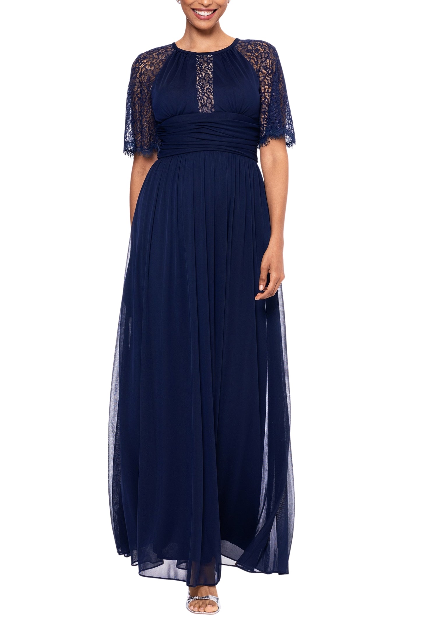 Navy Jewel Neck Floor-Length Mesh Formal Dress Lace Flutter Sleeves Betsy and Adam B266
