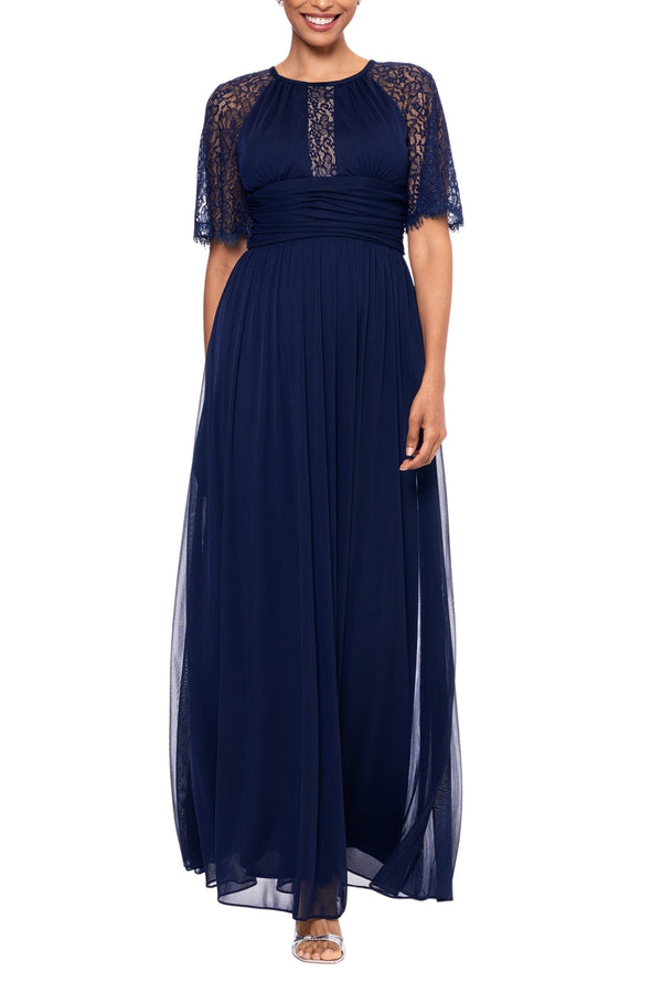 Jewel Neck Floor-Length Mesh Formal Dress Lace Flutter Sleeves Betsy & Adam B266