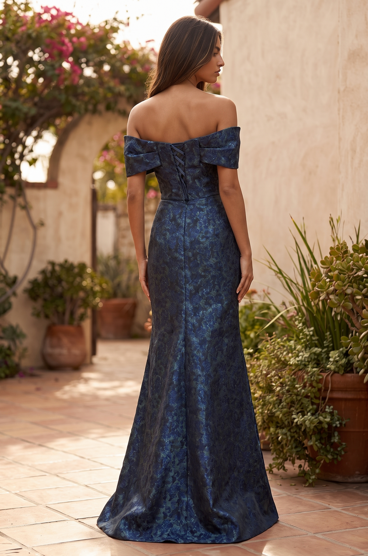 Off the Shoulder Floral Jacquard Mermaid Evening Formal Dress