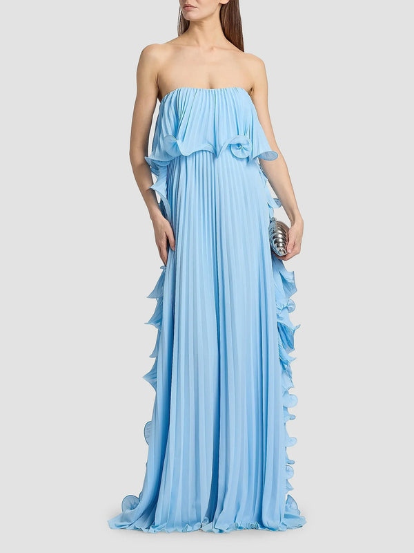 Badgley Mischka V-Neck Long Sleeve Pleated Gown BB0002A