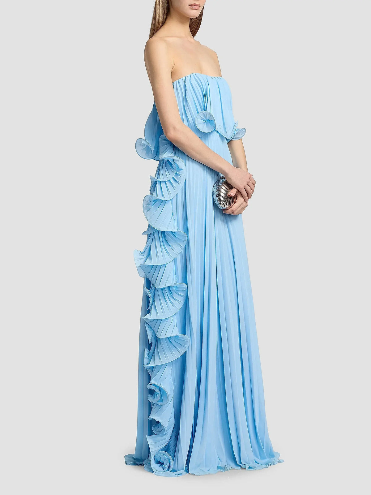 Badgley Mischka V-Neck Long Sleeve Pleated Gown BB0002A
